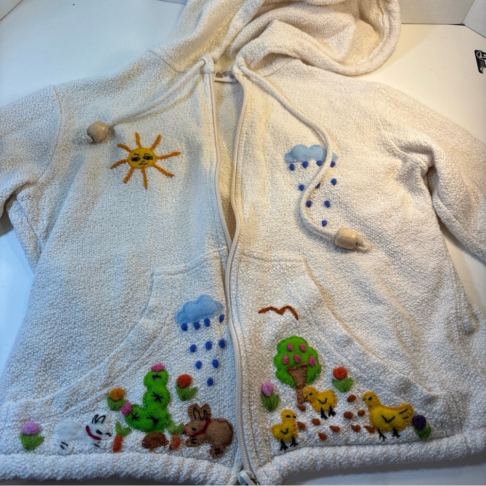 E M Cream Hoodie with Colorful Embroidery made Peru 12-24 months baby